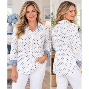 Chaps 2X No Iron Button Up Polka Dot Gingham Shirt Preppy flip cuff Cotton